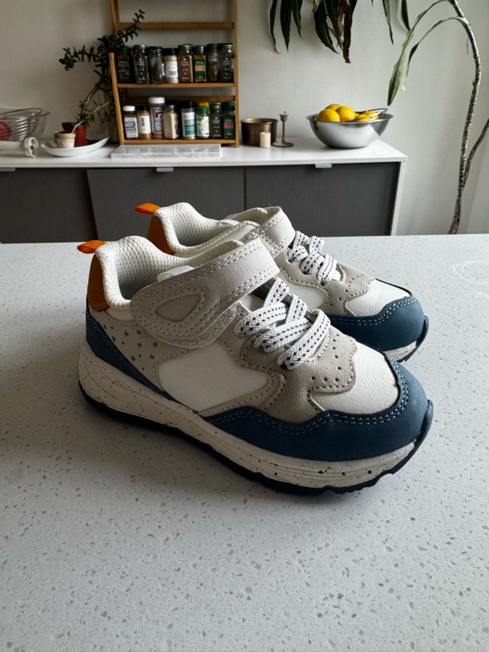 Kids White and Navy Athletic Sneakers with Orange Accent